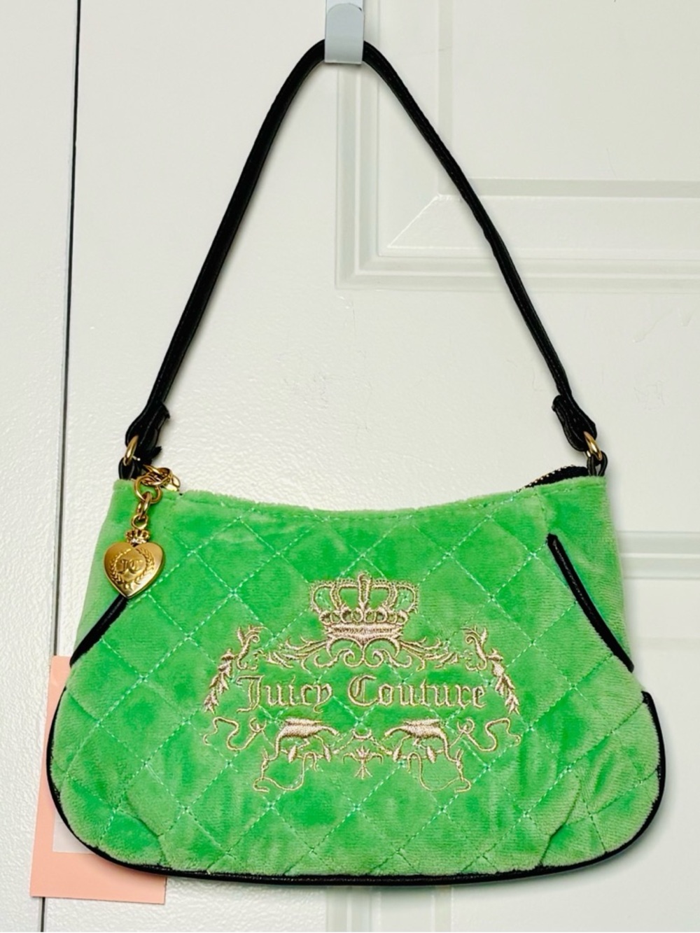 Juicy Couture Retro Green Quilted Velour Mini Shoulder Handbag w/ Brown Trim